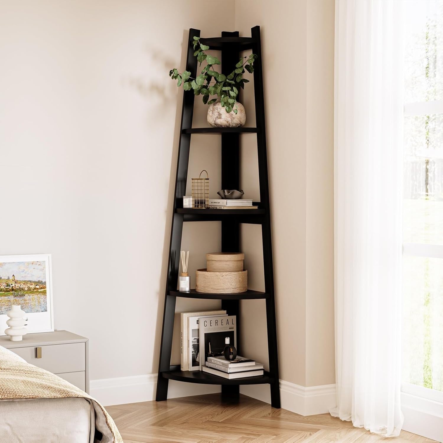 Ladder Shelf 5 Tier Corner Bookshelf Home Book Shelf Display Stand Shelf Black