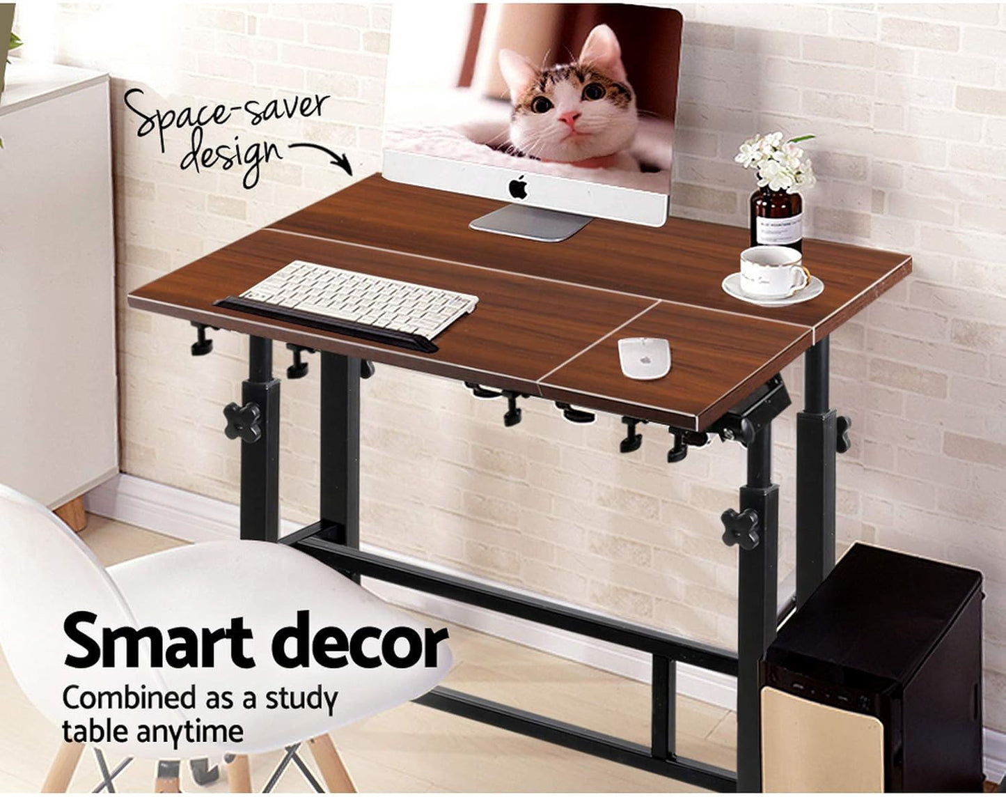 Laptop Table, Adjustable Stand Desk Desktop Computer Standing Study Desks Bed Side Tables Home Office Travel Studio Furniture, Portable 360° Rotating Lockable Caster Wheels Dark Wood