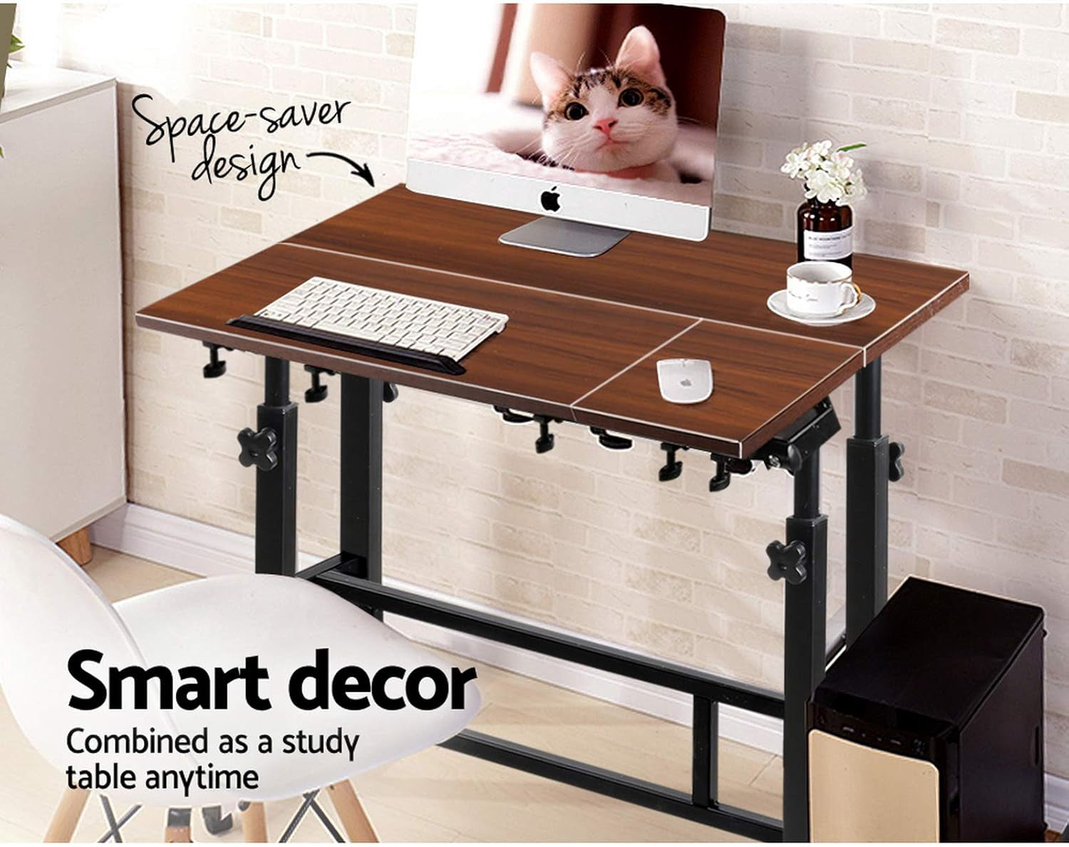 Laptop Table, Adjustable Stand Desk Desktop Computer Standing Study Desks Bed Side Tables Home Office Travel Studio Furniture, Portable 360° Rotating Lockable Caster Wheels Dark Wood
