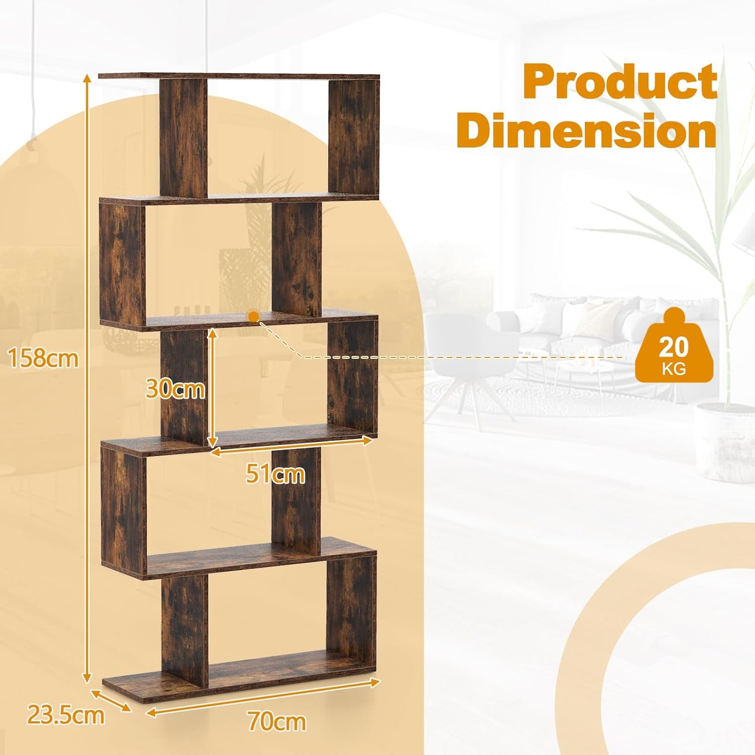 5-Tier Bookshelf, Geometric S-Shaped Bookcase W/Anti-Toppling Device, Freestanding Industrial Decorative Display Shelf, Storage Shelving for Living Room Home Office (Rustic Brown)