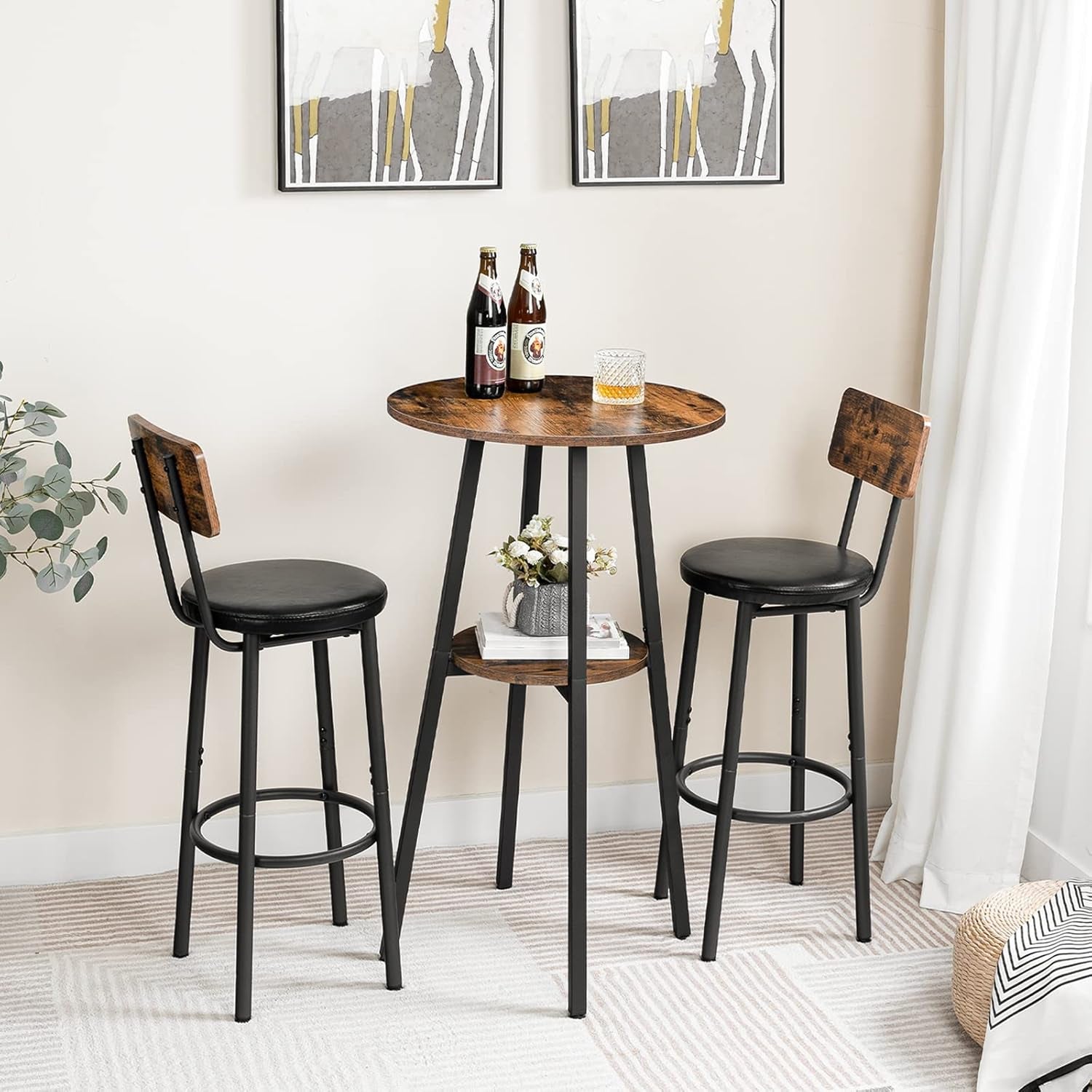 Bar Table, round 2-Tier Bistro Table with Storage, 95 Cm High Top for Small Spaces and Kitchen, Top Particleboard, Easy to Assemble, Rustic Brown BF55BT01