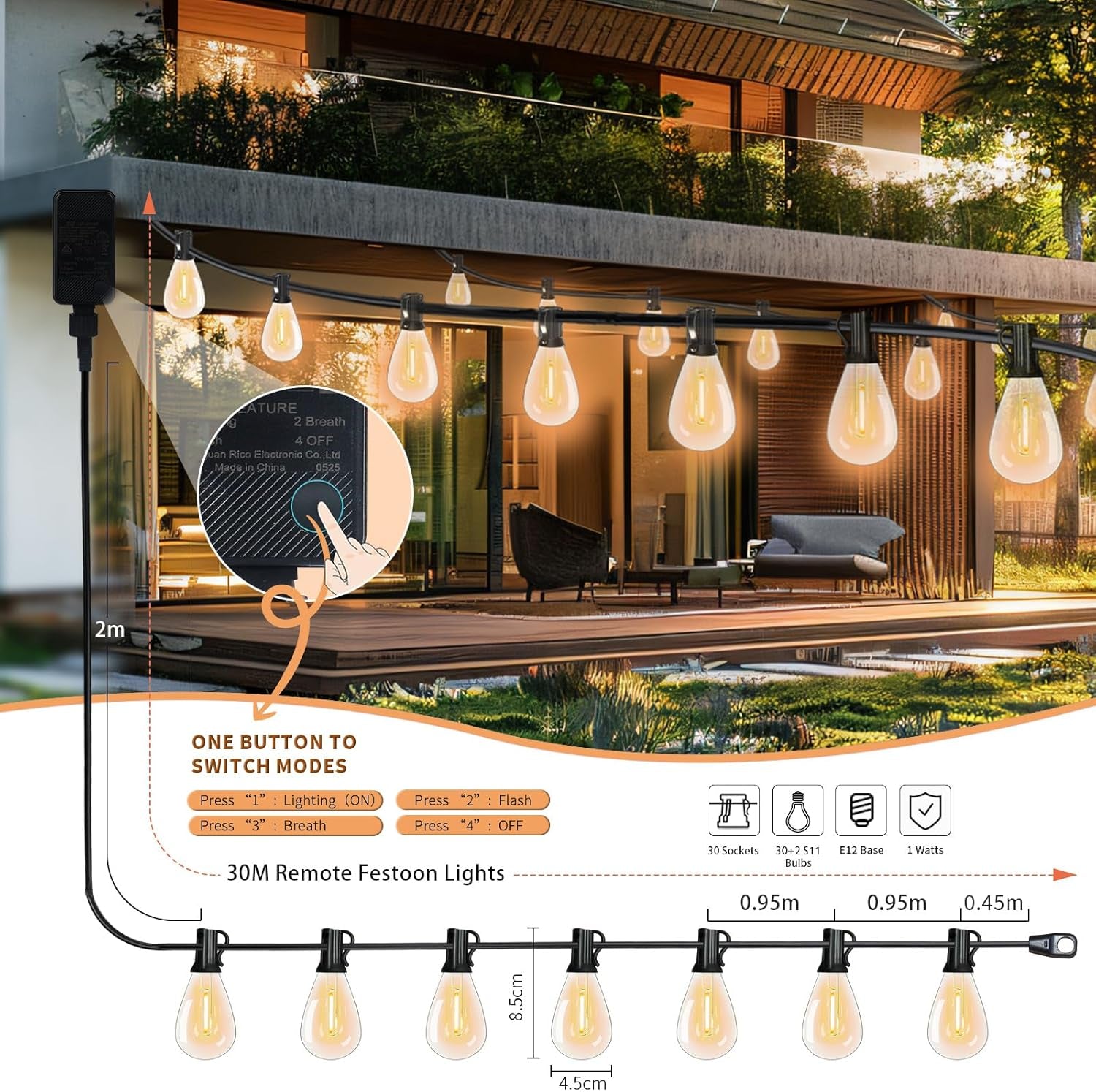 Festoon Lights Outdoor with Remote,Dimmable,Timing, 30M Waterproof &Shatterproof Outdoor String Lights 30+2 S11 LED Bulbs,3 Light Modes 2700K Fairy Light for Wedding,Party,Patio,Backyard