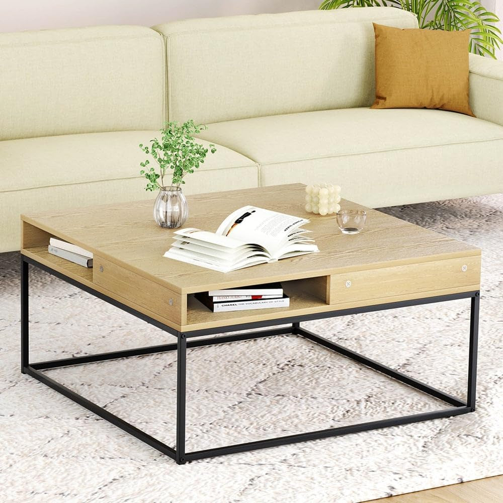 Coffee Table, Wooden Side Tables Storage Home Furniture Living Room, Metal Frame Rectangular End Display Shelf Particle Board Tabletop Modern Style