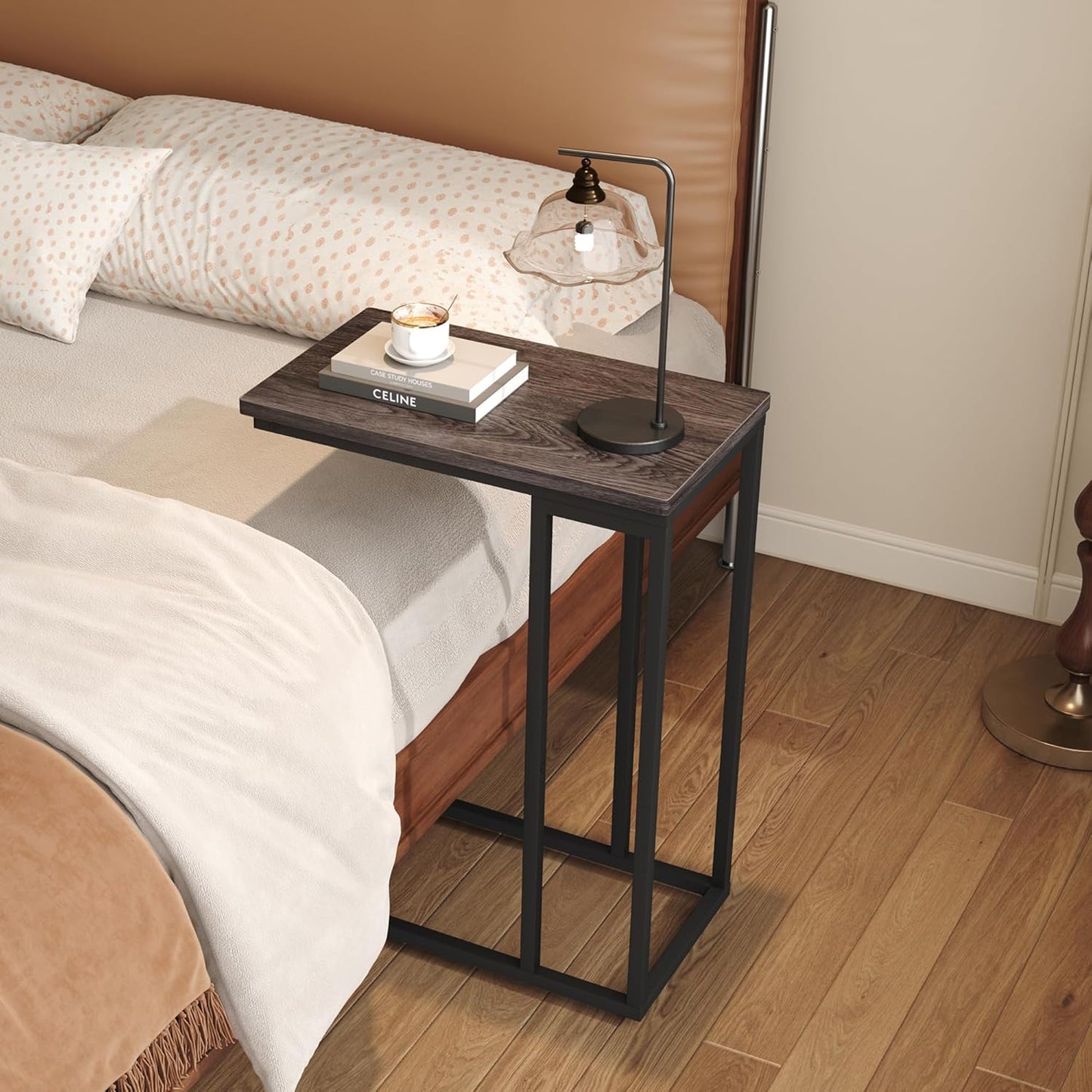 Narrow C Shaped End Table - Space-Saving Side Table for Living Room, Bedroom, Sofa Small Spaces, Oak