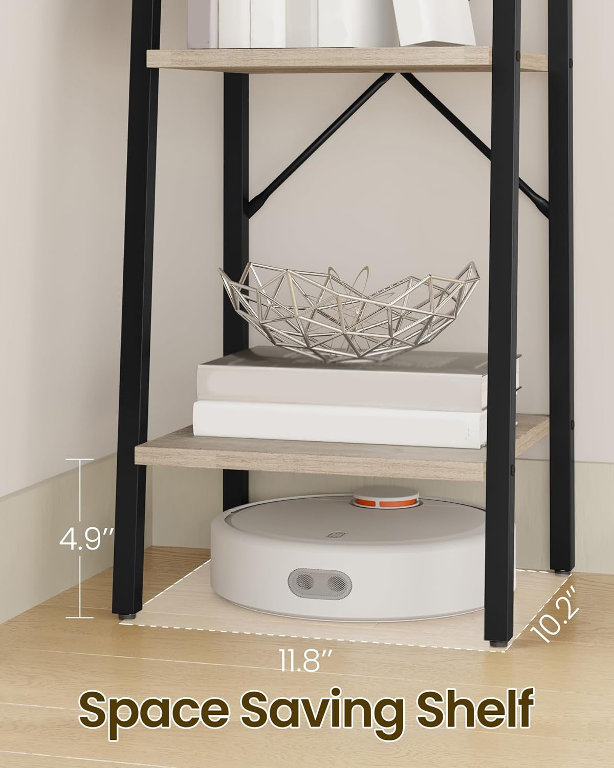 Ladder Shelf, Bookshelf Bookcase, Freestanding Corner Storage Shelve with 2 Hooks for Home Office, Living Room, Kitchen, Bedroom, Industrial, 5-Tier Greige BC03205B