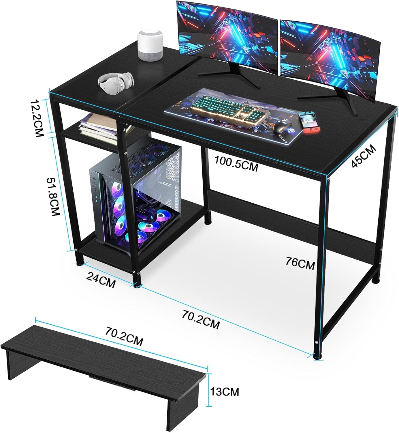 Computer Desk with Reversible Storage Shelves, 100 * 45 * 76Cm, Corner Desk with Monitor Stand, Home Office Desk, Modern Simple Writing Table for Office Bedroom Study (Black)