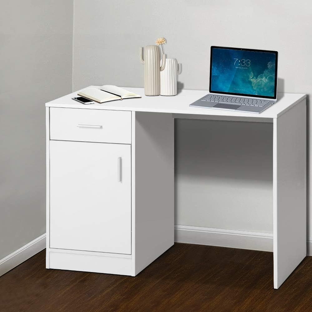 Computer Desk 100Cm White Desktop Office Laptop Desks Study Student Table, Home Furniture for Room Bedroom, with Drawer Cabinet Anti-Rust Metal Runners