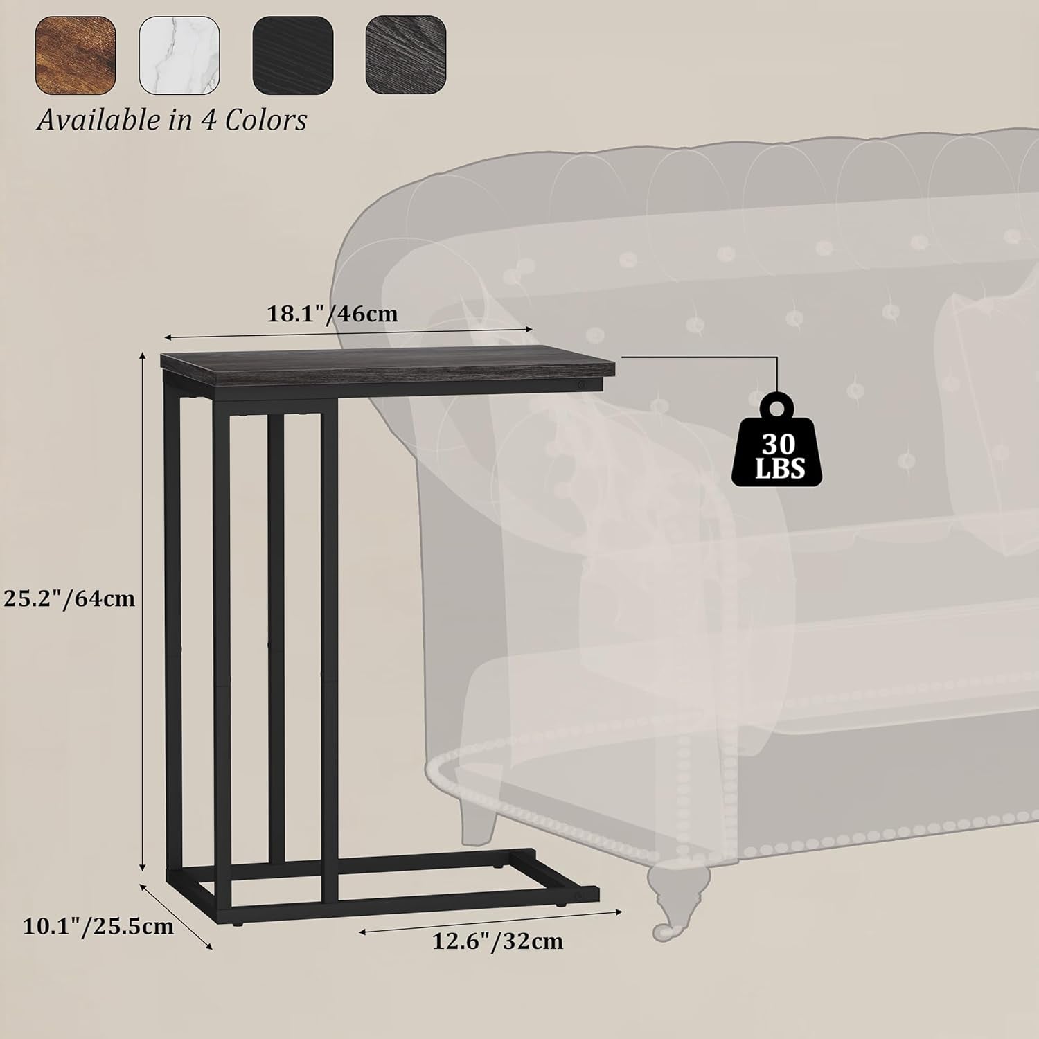 Narrow C Shaped End Table - Space-Saving Side Table for Living Room, Bedroom, Sofa Small Spaces, Oak