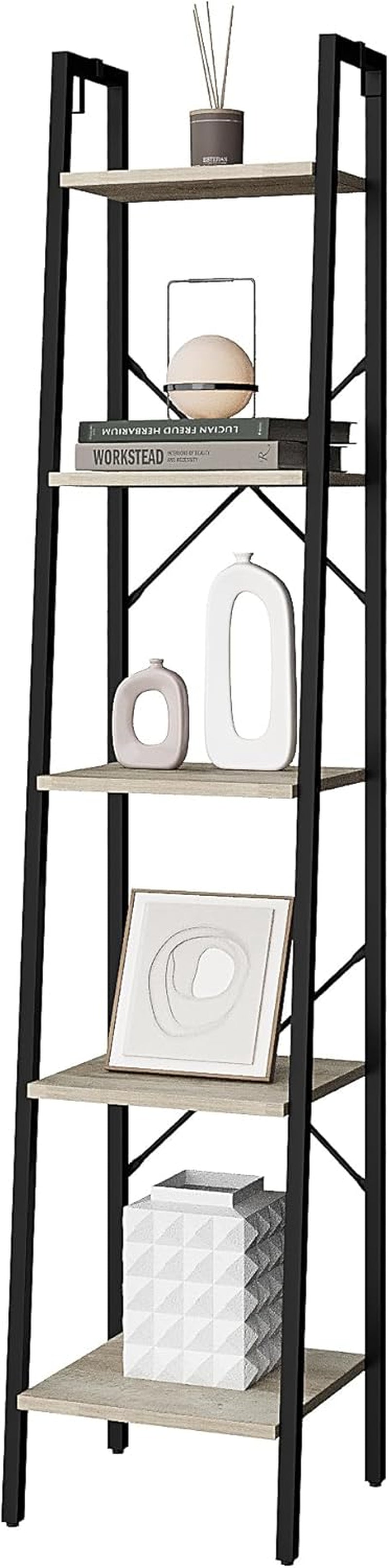 Ladder Shelf, Bookshelf Bookcase, Freestanding Corner Storage Shelve with 2 Hooks for Home Office, Living Room, Kitchen, Bedroom, Industrial, 5-Tier Greige BC03205B