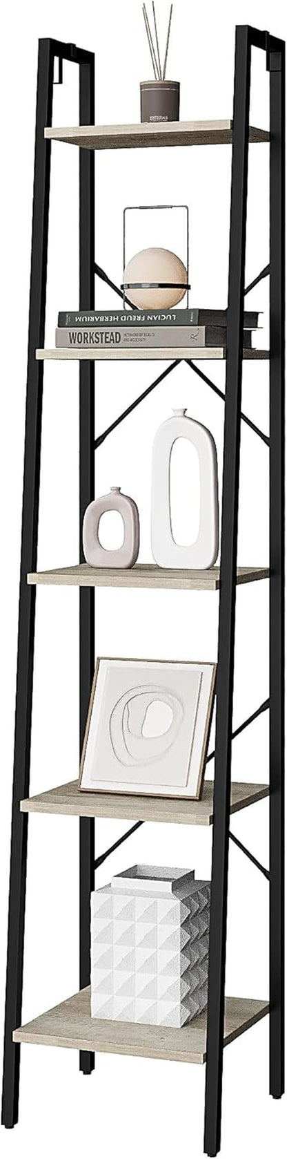 Ladder Shelf, Bookshelf Bookcase, Freestanding Corner Storage Shelve with 2 Hooks for Home Office, Living Room, Kitchen, Bedroom, Industrial, 5-Tier Greige BC03205B