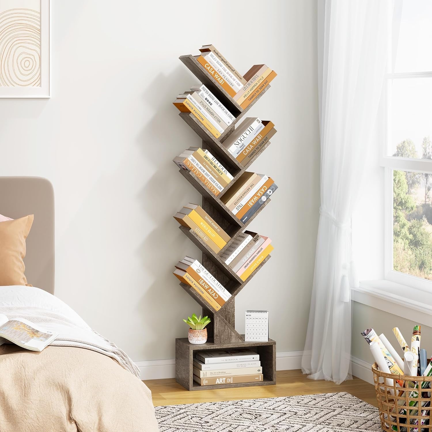 9 Tier Tree Bookshelf, Tall Bookcase with Drawer, Wood Book Shelf, Modern Floor Standing Bookshelves, Book Organizer Shelves for Bedroom, Living Room, Home Office, Greige