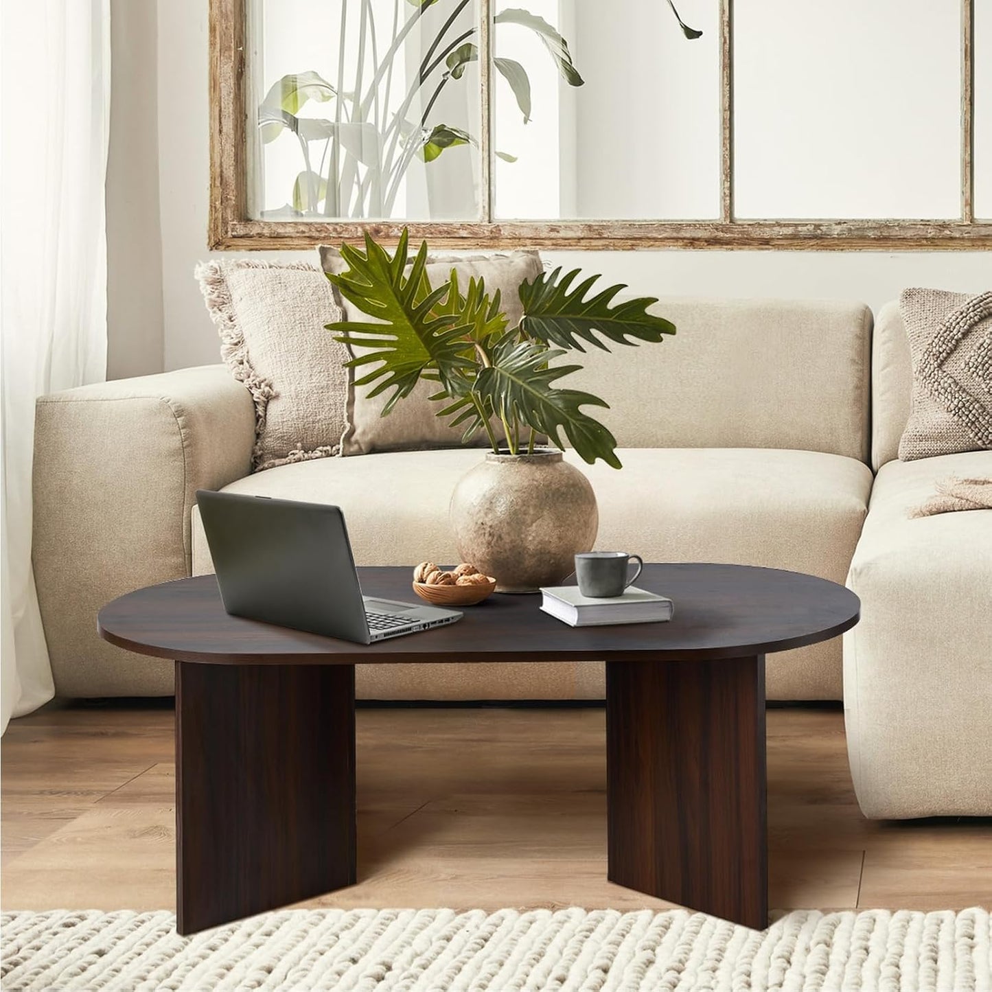 Oval Coffee Table Sofa End Table - Walnut Timber Finish Side Cafe Desk Living Room Accent Table Small Space Furniture Easy Assembly