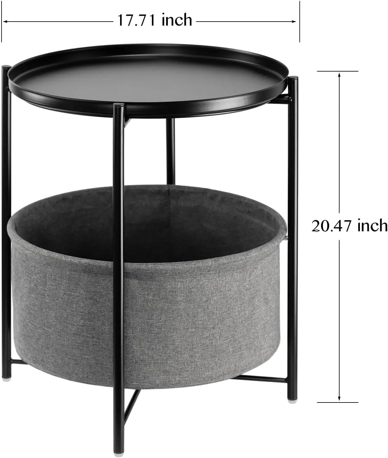 End Tables with Fabric Storage Basket, round Sidetables Bedroom, Lamp Table, Spacious Metal Small Bedside Table Nightstand with Removable Tray for Living Room, Nursery, Laundry