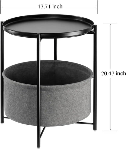End Tables with Fabric Storage Basket, round Sidetables Bedroom, Lamp Table, Spacious Metal Small Bedside Table Nightstand with Removable Tray for Living Room, Nursery, Laundry