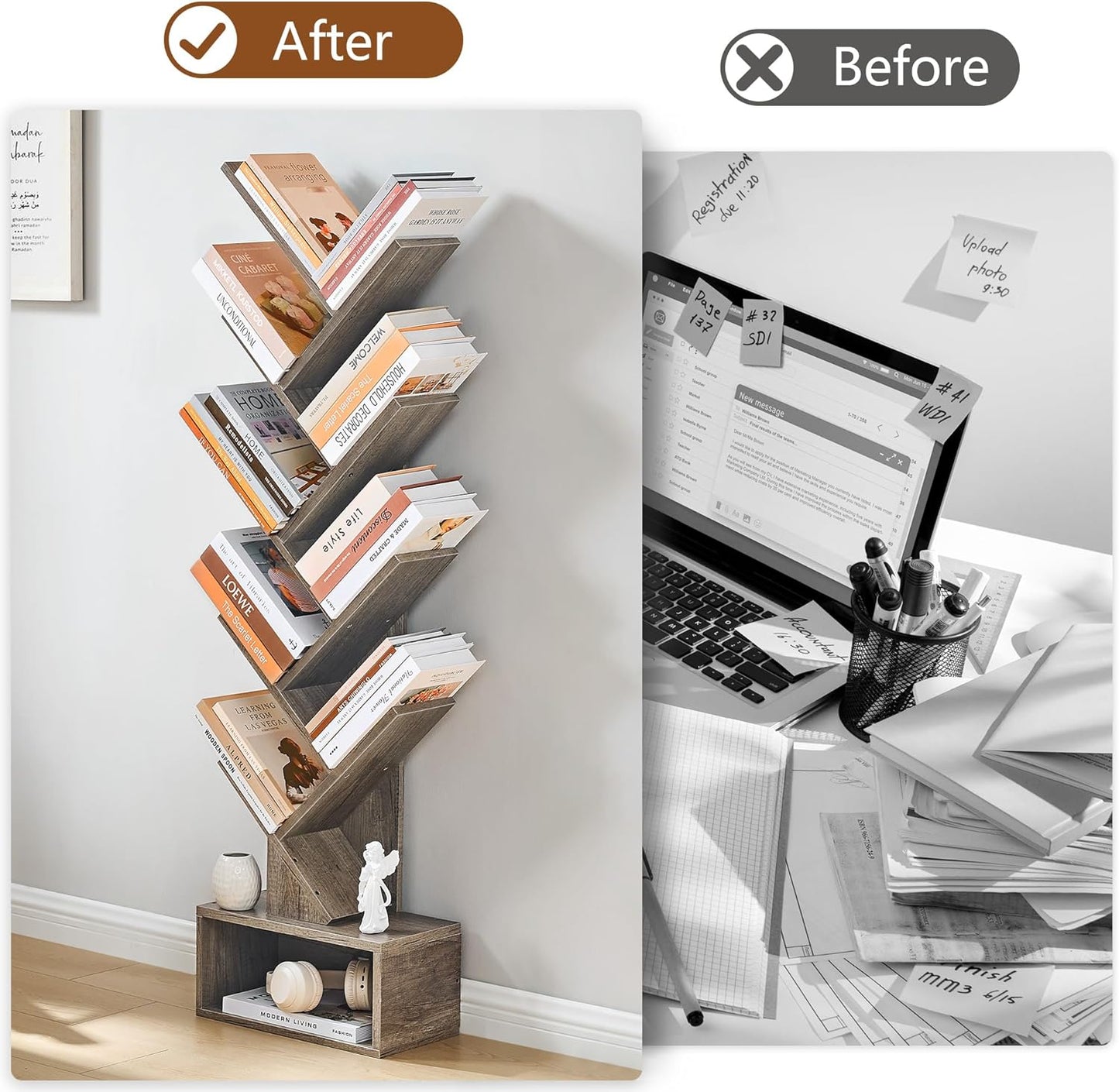 9 Tier Tree Bookshelf, Tall Bookcase with Drawer, Wood Book Shelf, Modern Floor Standing Bookshelves, Book Organizer Shelves for Bedroom, Living Room, Home Office, Greige