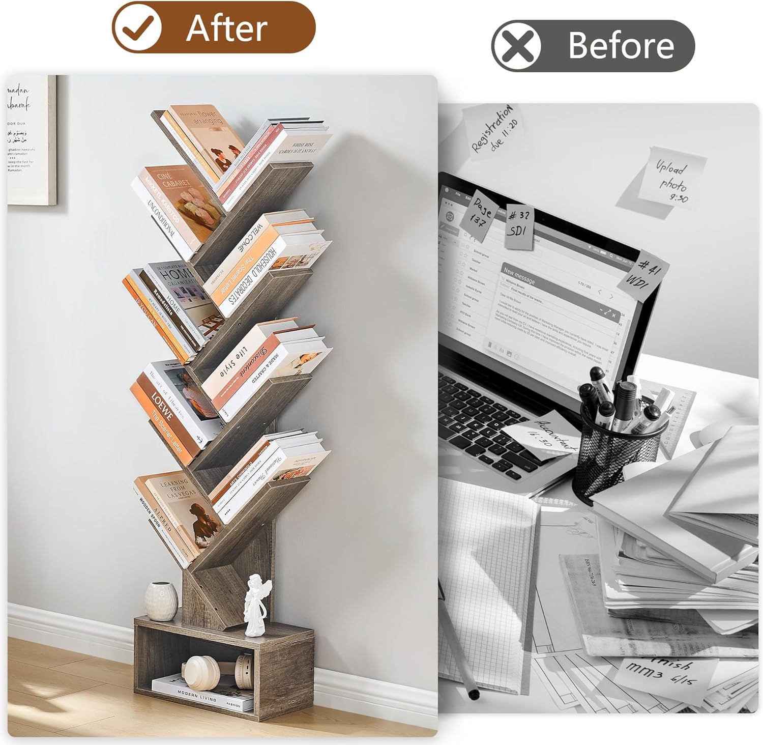 9 Tier Tree Bookshelf, Tall Bookcase with Drawer, Wood Book Shelf, Modern Floor Standing Bookshelves, Book Organizer Shelves for Bedroom, Living Room, Home Office, Greige
