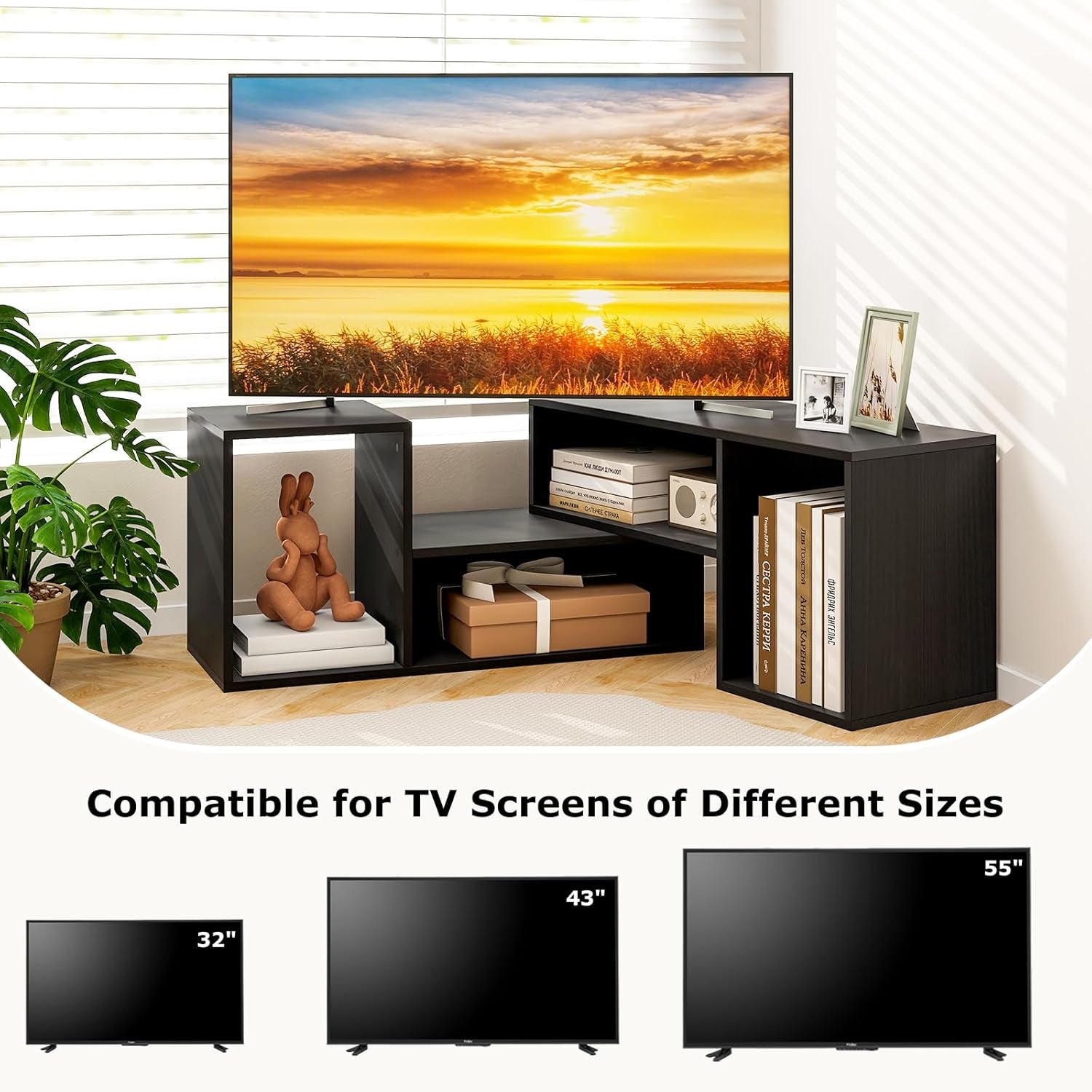 Wood TV Stands, 2 PCS TV Console Cabinets for Tvs up to 55 Inches, TV Table Display Stand for Free Combination and Expansion Home Living Room Furniture (Black)
