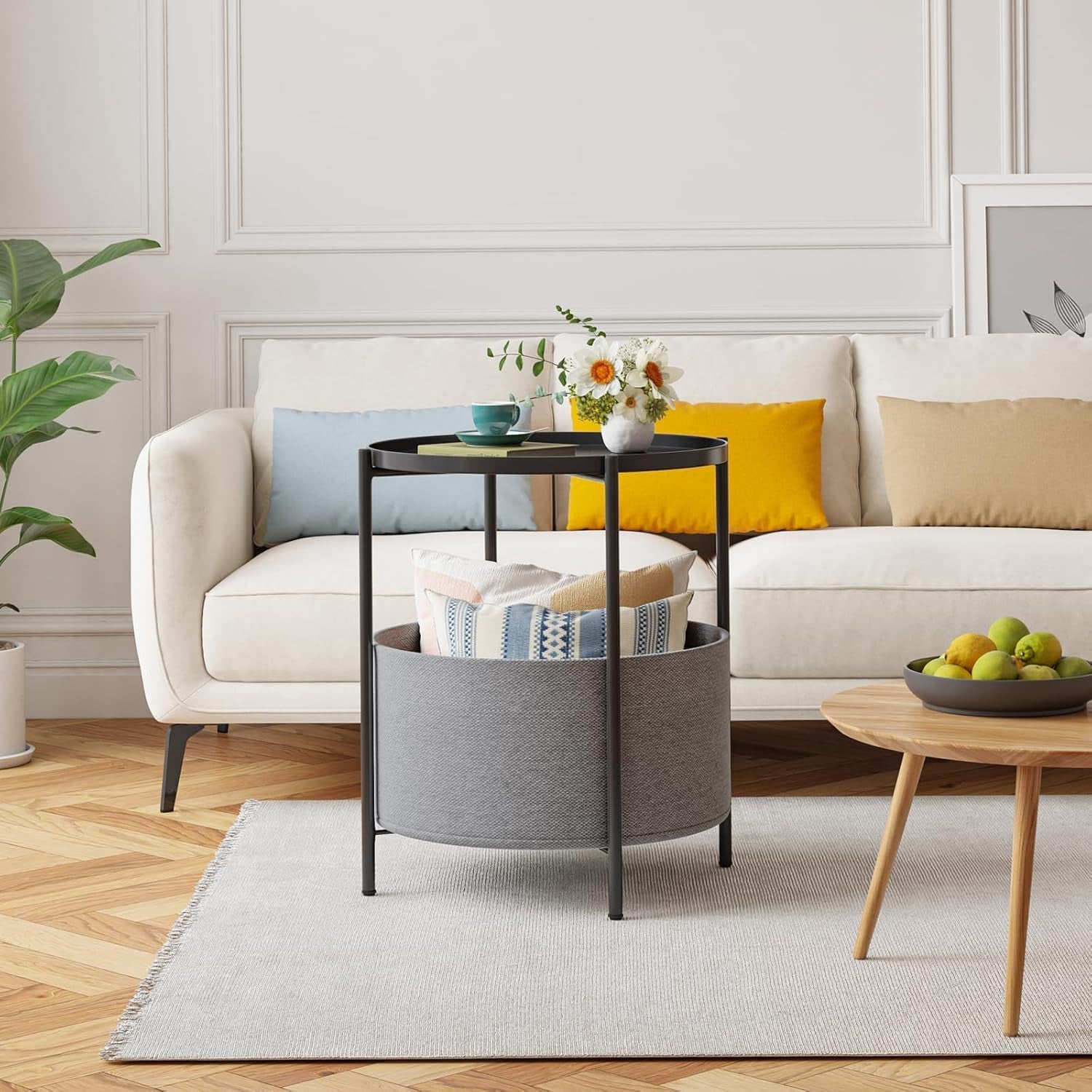 End Tables with Fabric Storage Basket, round Sidetables Bedroom, Lamp Table, Spacious Metal Small Bedside Table Nightstand with Removable Tray for Living Room, Nursery, Laundry