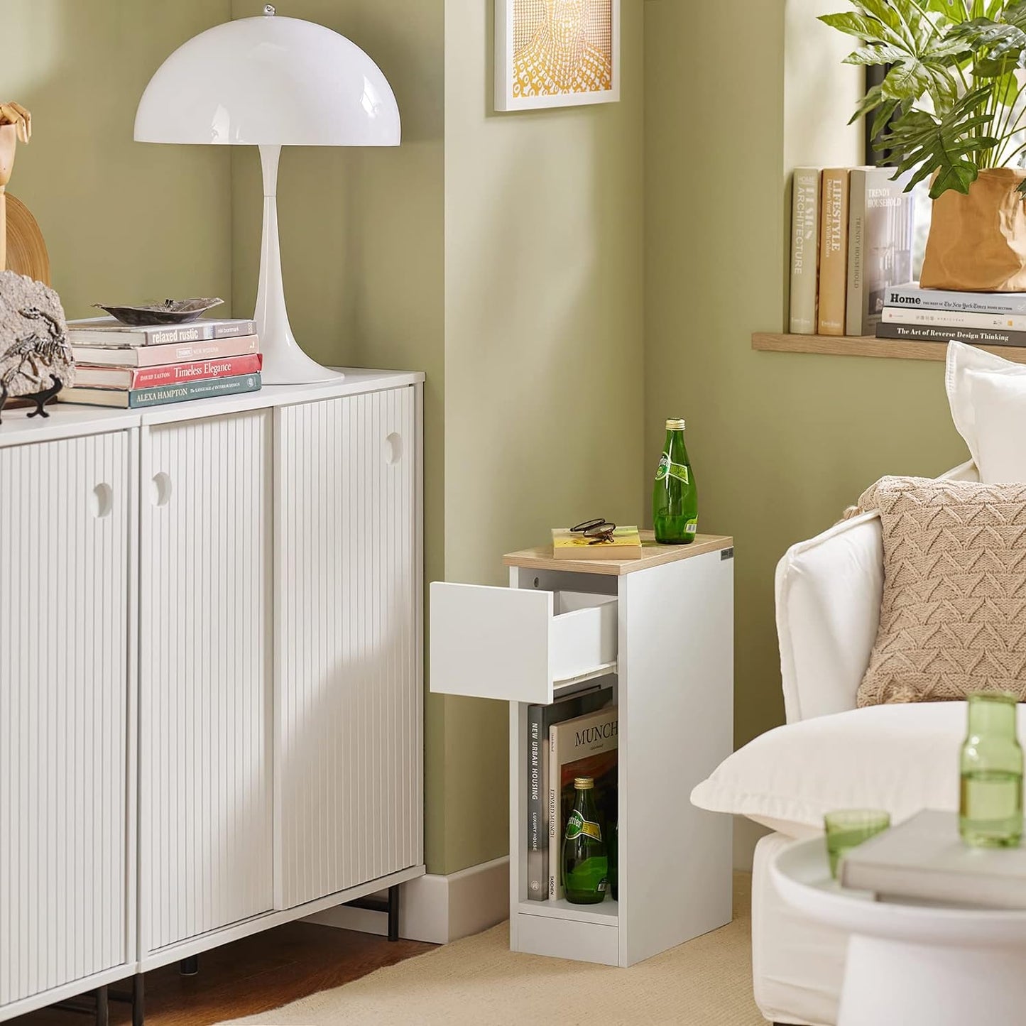 Living Room Furniture Nightstand End Sofa Table with Drawer, White & Natural FBT111-WN