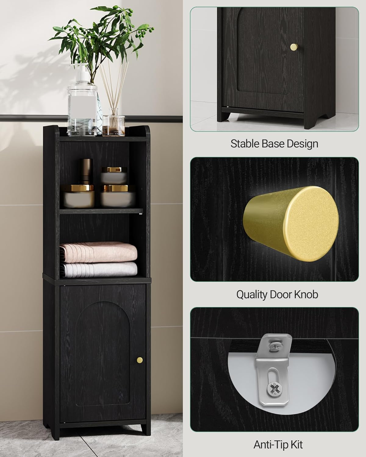 Bathroom Storage Cabinet, Corner Floor Cabinet with Doors and Adjustable Shelf, Narrow Toilet Paper Cabinets, Bathroom Organizer for Small Spaces, Black BC39704X