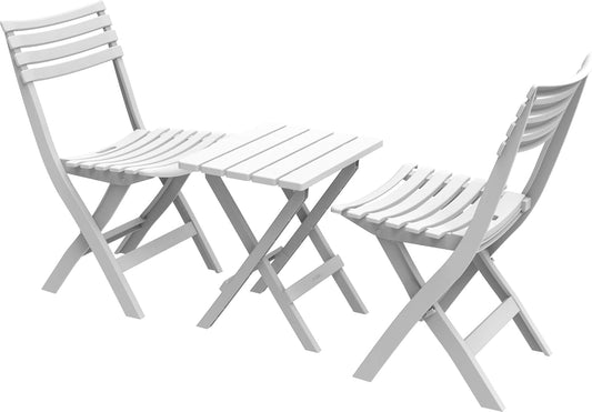 Plastic Portable Sitting Set, Suitable for Patio, Camping, Picnic & Beach, Bistro Set & Garden Furniture, Portable Table & 2 Foldable Chairs, Indoor & Outdoor Use, Sturdy & Durable, White