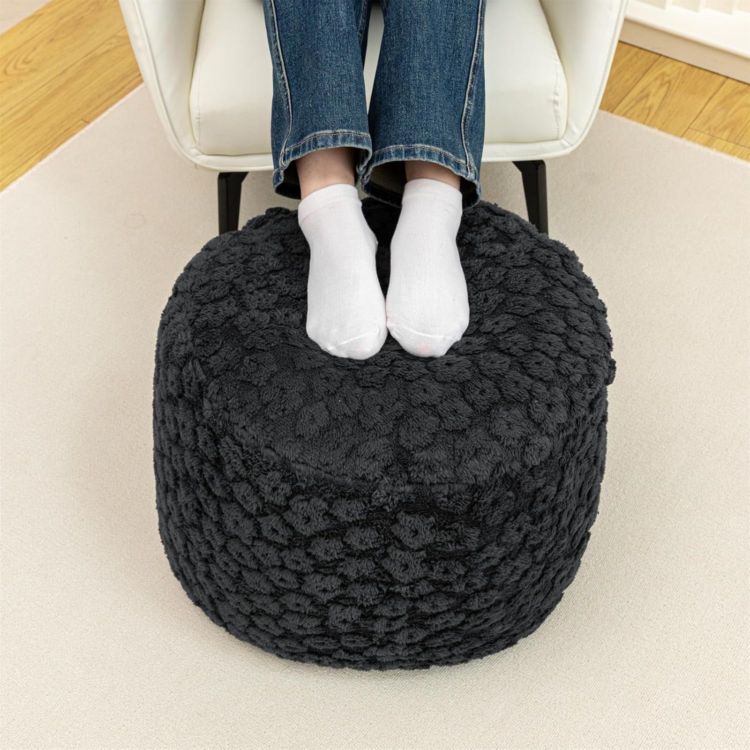 Stuffed Pouf Ottoman Comfy Floral Ottoman Foot Rest for Living Room Bedroom Kids Room Charm Floor Pouf for Home Decor Full Foam Filling Foot Rest for Couch (Dark Gray)