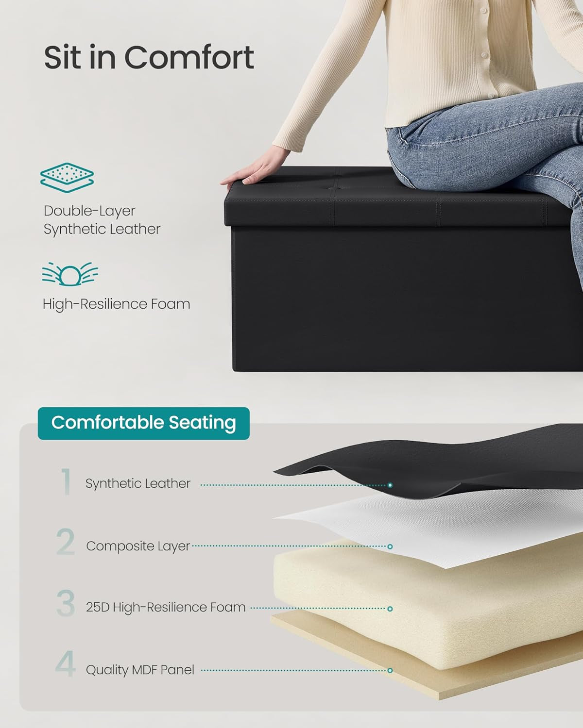 43 Inches Folding Storage Ottoman Bench, Storage Chest, Footrest, Coffee Table, Padded Seat, Faux Leather, Holds up to 660 Lb, Black ULSF701