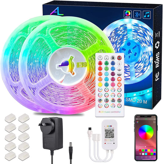 20M Bluetooth Led Strips Light Music Sync  2X10M Flexible Color Changing RGB 5050 12V 360 Leds Rope Light Strips Kit with IR Remote&App Control Non-Waterproof for Party,Home,Diy Decoration