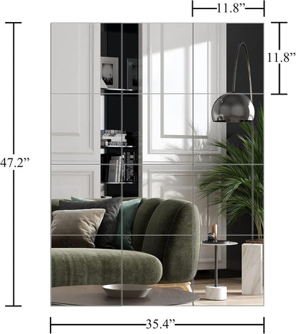 Gym Mirrors 12 Inch X 12Pcs Wall Mounted Mirror Glass Frameless Full Length Mirror Tiles for Home Gym, Bedroom, Door & Bathroom