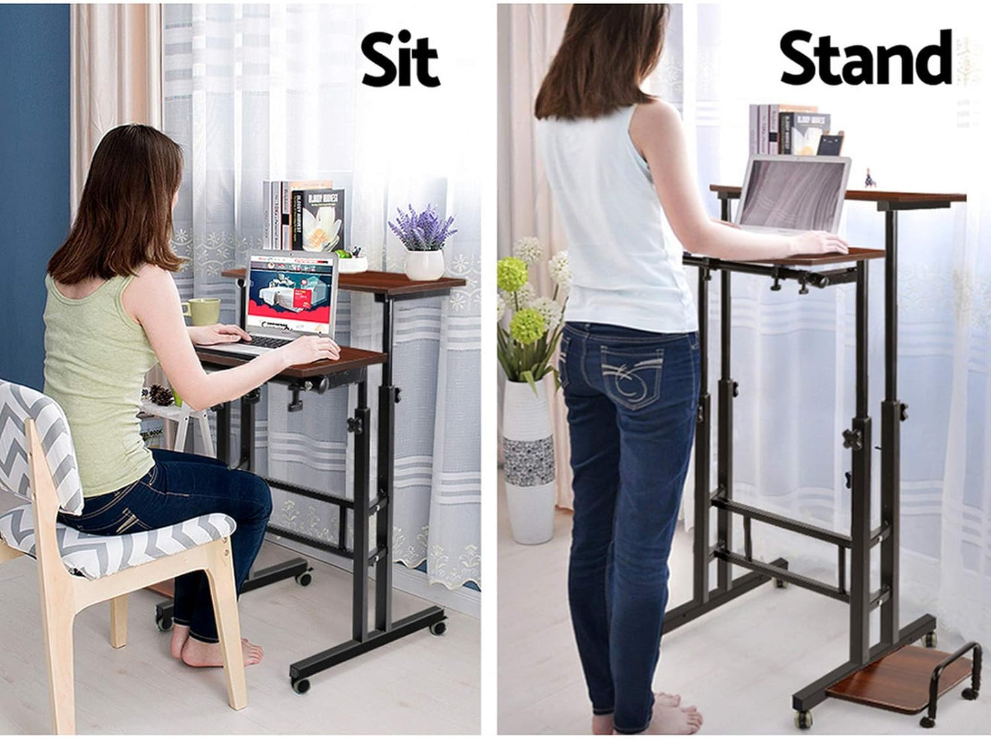 Laptop Table, Adjustable Stand Desk Desktop Computer Standing Study Desks Bed Side Tables Home Office Travel Studio Furniture, Portable 360° Rotating Lockable Caster Wheels Dark Wood