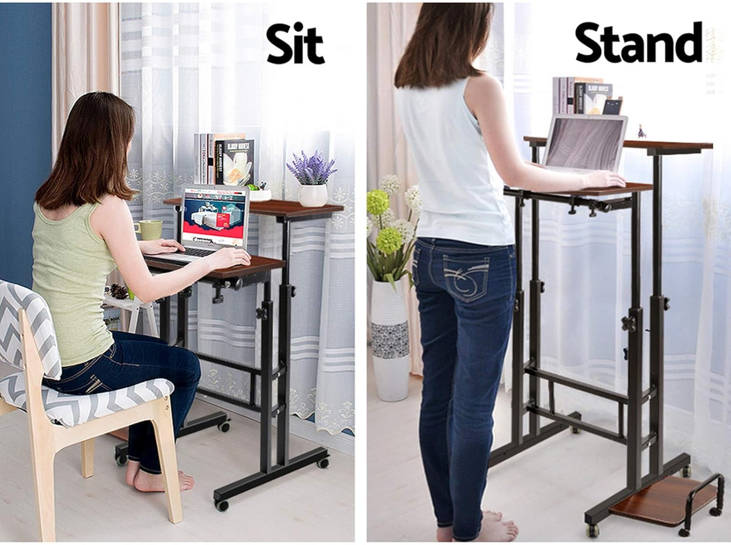 Laptop Table, Adjustable Stand Desk Desktop Computer Standing Study Desks Bed Side Tables Home Office Travel Studio Furniture, Portable 360° Rotating Lockable Caster Wheels Dark Wood