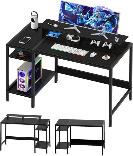 Computer Desk with Reversible Storage Shelves, 100 * 45 * 76Cm, Corner Desk with Monitor Stand, Home Office Desk, Modern Simple Writing Table for Office Bedroom Study (Black)