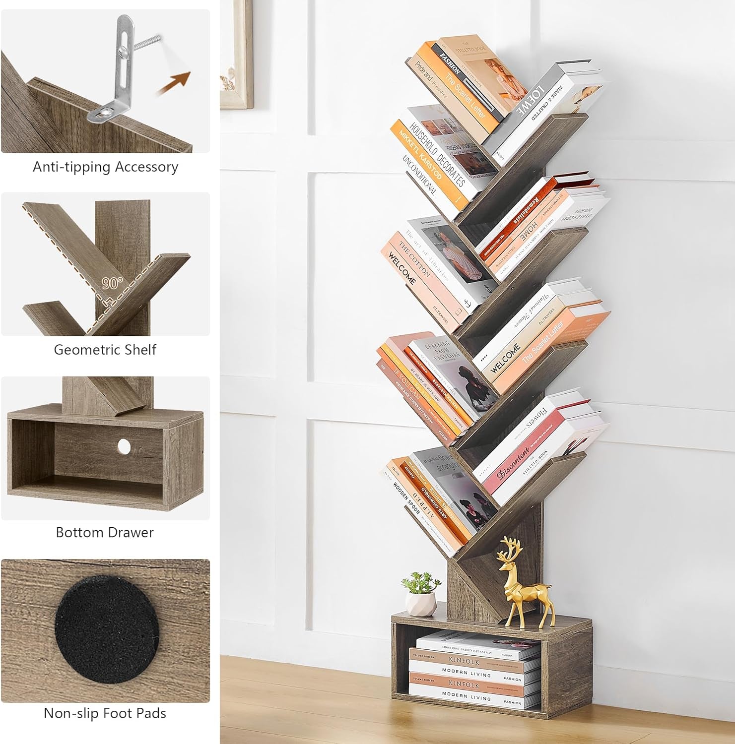 9 Tier Tree Bookshelf, Tall Bookcase with Drawer, Wood Book Shelf, Modern Floor Standing Bookshelves, Book Organizer Shelves for Bedroom, Living Room, Home Office, Greige