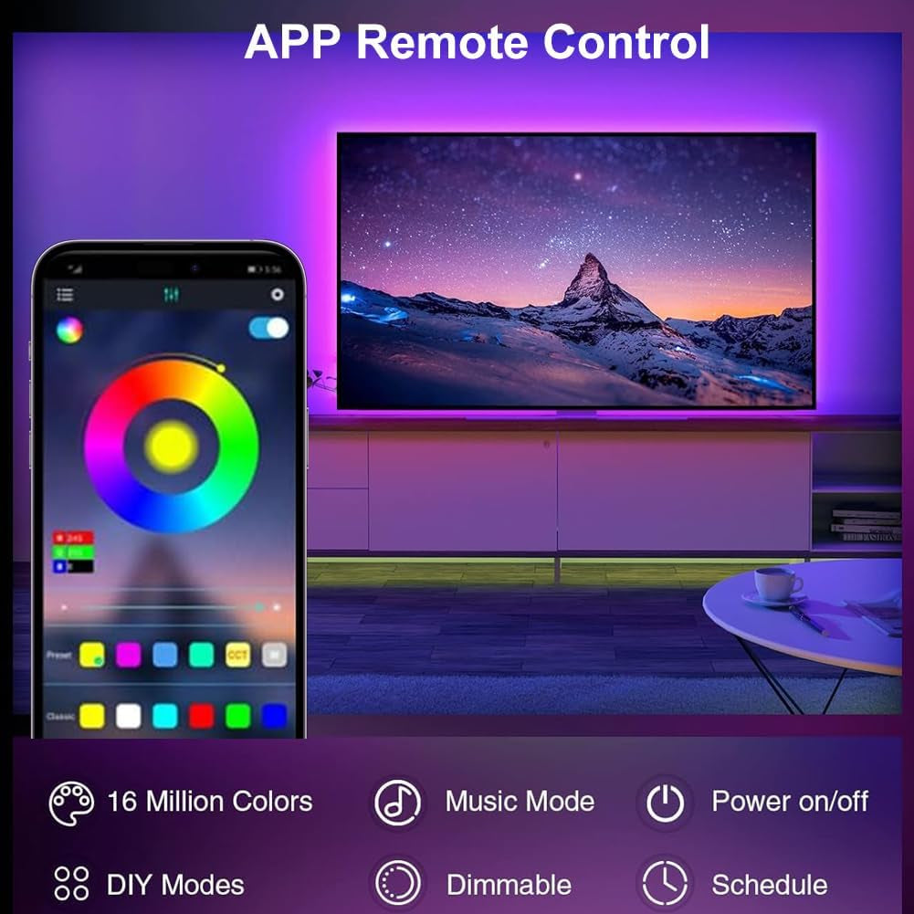 Led Strip Lights 1M/3.28Ft, TV LED Backlight with Smart App Control Remote, 5050 RGB Music Sync Colour Changing, USB Smart LED Strip Light for Tv,Computer, Monitor, Bedroom, Party and Home Decoration