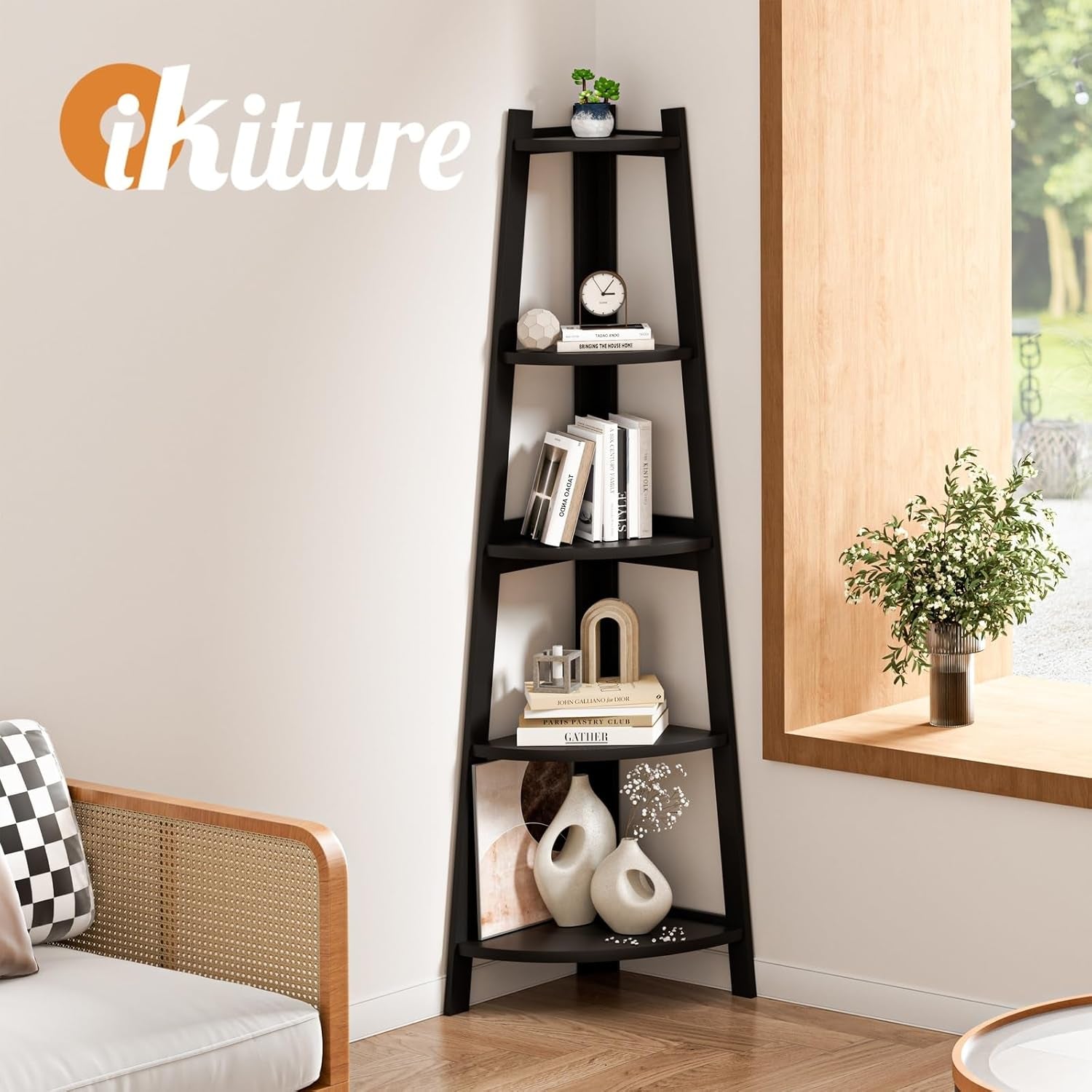 Ladder Shelf 5 Tier Corner Bookshelf Home Book Shelf Display Stand Shelf Black