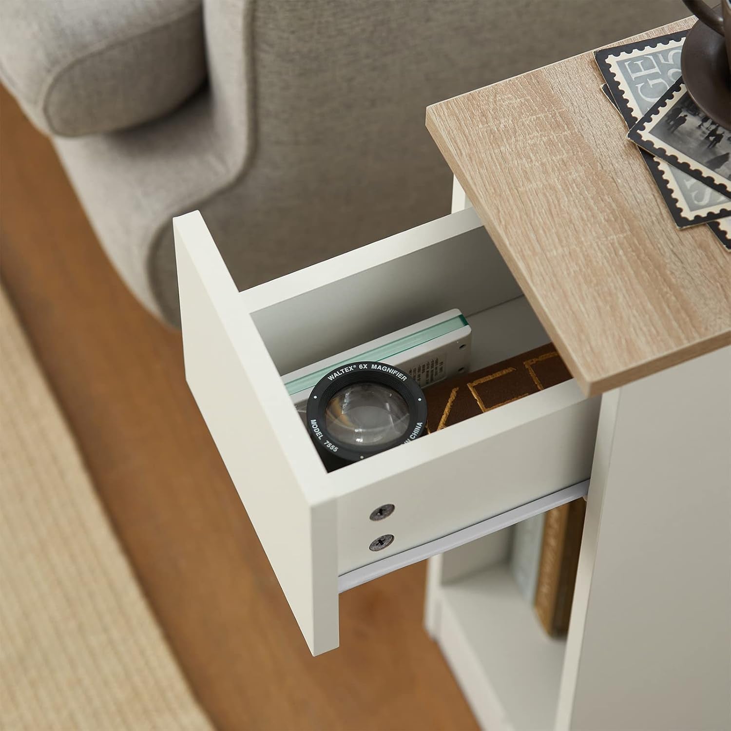 Living Room Furniture Nightstand End Sofa Table with Drawer, White & Natural FBT111-WN