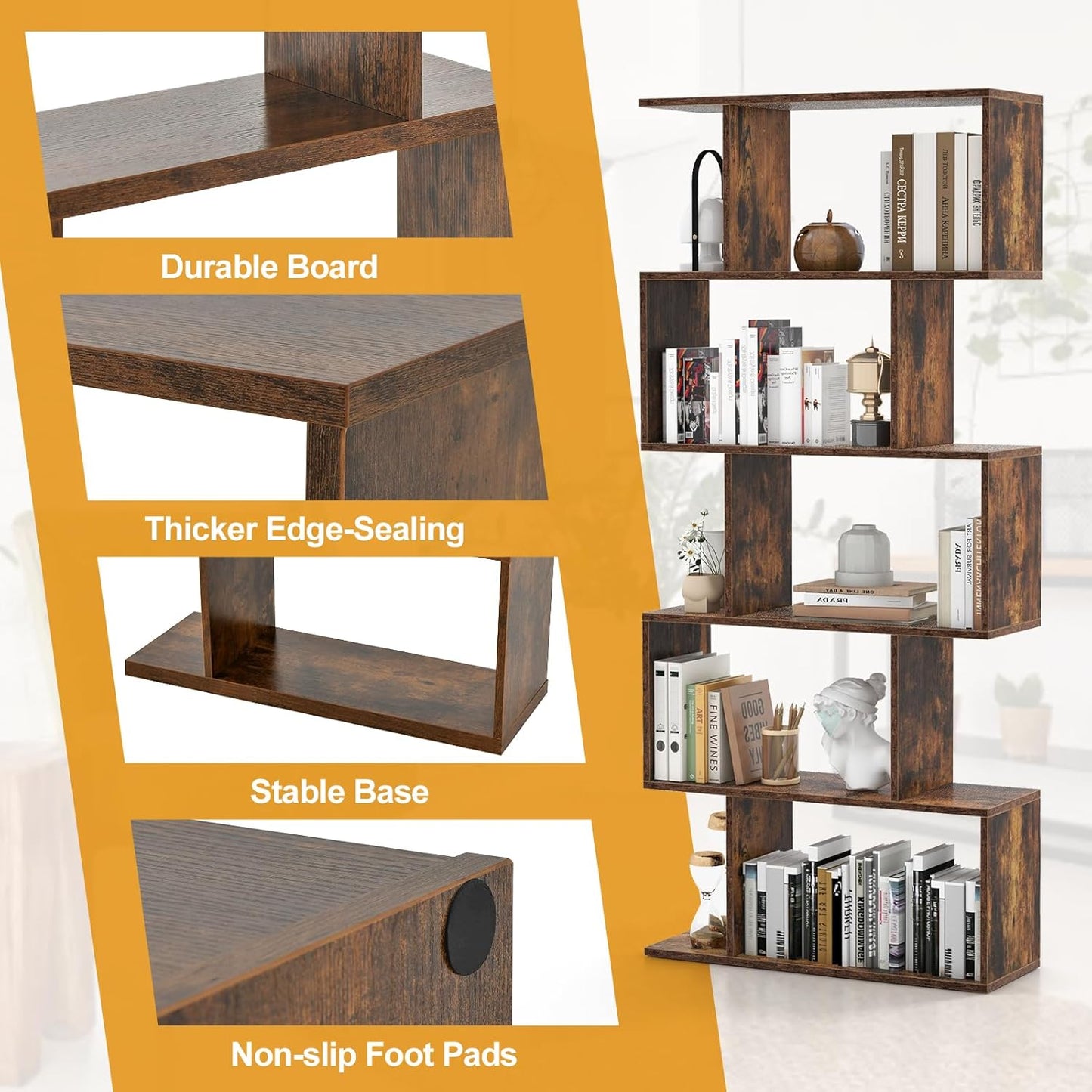 5-Tier Bookshelf, Geometric S-Shaped Bookcase W/Anti-Toppling Device, Freestanding Industrial Decorative Display Shelf, Storage Shelving for Living Room Home Office (Rustic Brown)