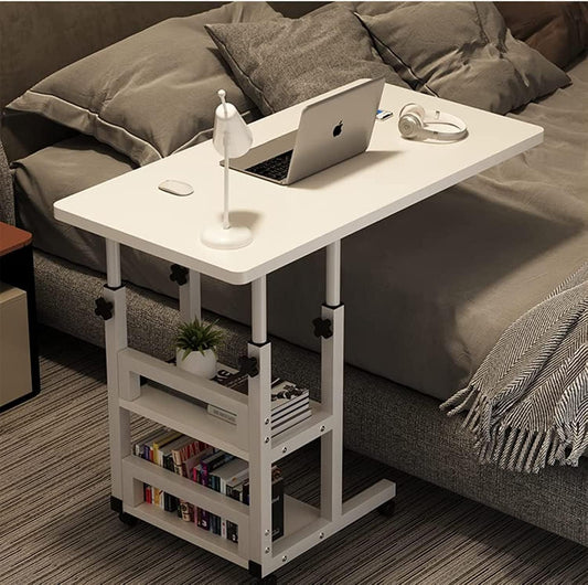 Small Standing Desk Adjustable Height, Multifunctional Work Laptop Desk, Anti-Bump Stand up Table with Castor Wheels, Height Adjustable, for Home Office and over Bed Use, Easy to Clean (White-C)