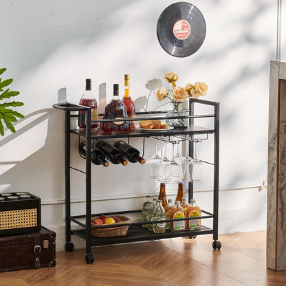 Black Bar Trolley with Wheels, Modern Bar Cart with Storage Space, Wine Trolley with Wine Rack and Wine Glass Holder for Kitchen, Living Room & Dining Room