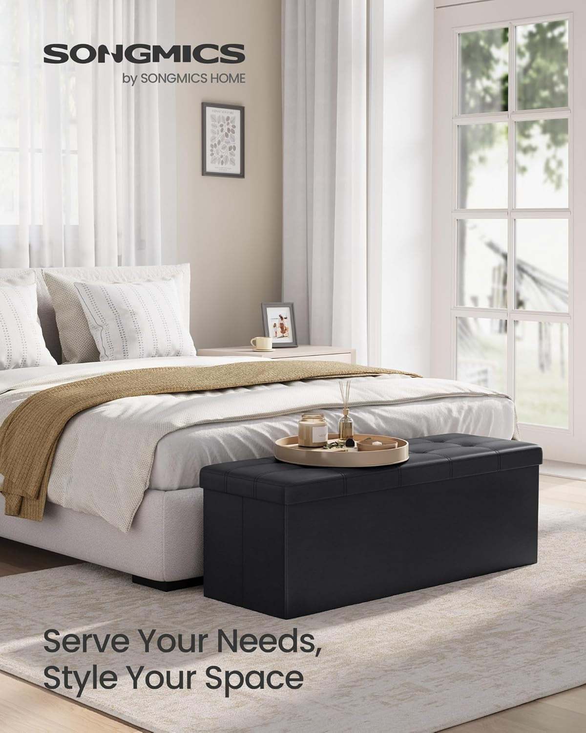 43 Inches Folding Storage Ottoman Bench, Storage Chest, Footrest, Coffee Table, Padded Seat, Faux Leather, Holds up to 660 Lb, Black ULSF701