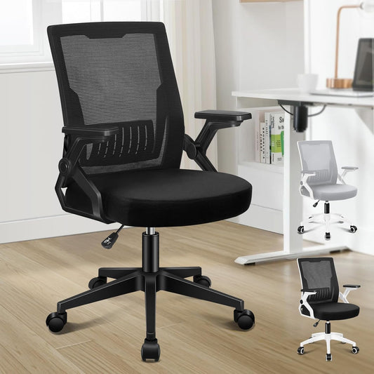 Ergonomic Mesh Office Chair for Home Office, Mid-Back Student Computer Study Desk Chair with Adjustable Flip-Up Arm & Lumbar Support, Gaming Racing Task Chair, Conrad All Black