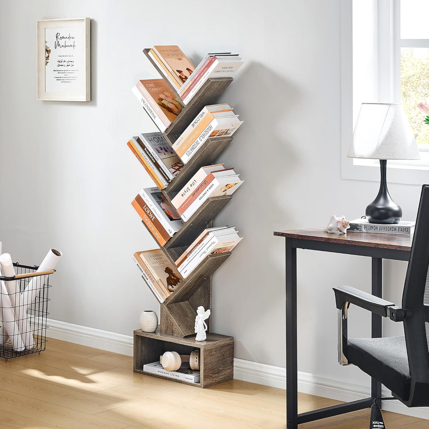9 Tier Tree Bookshelf, Tall Bookcase with Drawer, Wood Book Shelf, Modern Floor Standing Bookshelves, Book Organizer Shelves for Bedroom, Living Room, Home Office, Greige