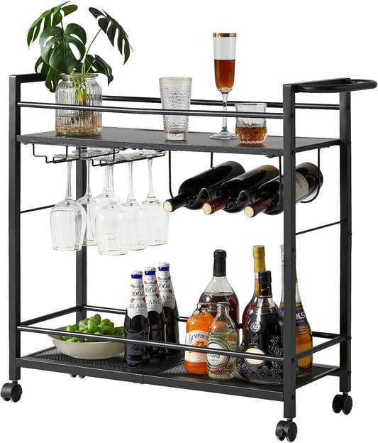 Black Bar Trolley with Wheels, Modern Bar Cart with Storage Space, Wine Trolley with Wine Rack and Wine Glass Holder for Kitchen, Living Room & Dining Room
