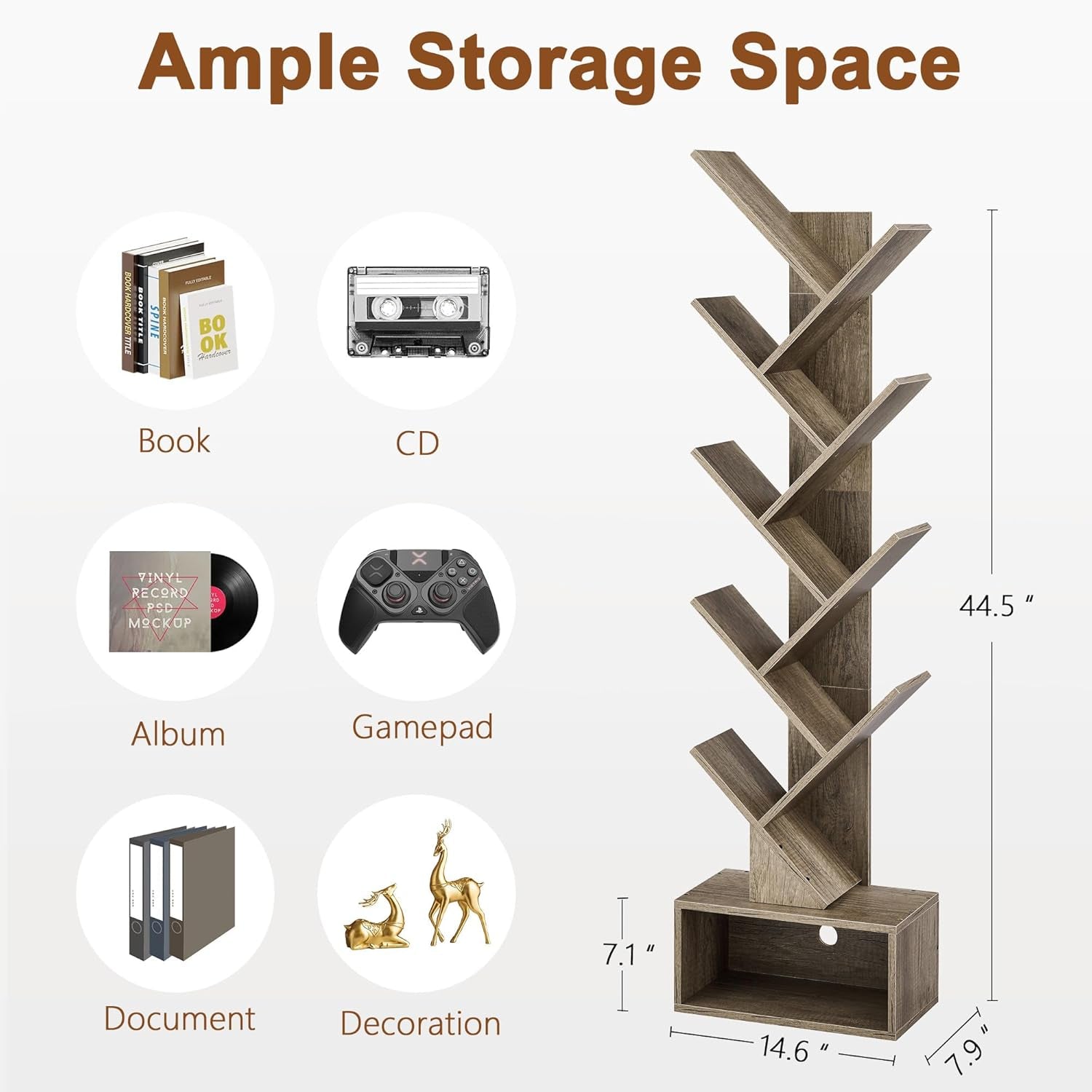 9 Tier Tree Bookshelf, Tall Bookcase with Drawer, Wood Book Shelf, Modern Floor Standing Bookshelves, Book Organizer Shelves for Bedroom, Living Room, Home Office, Greige