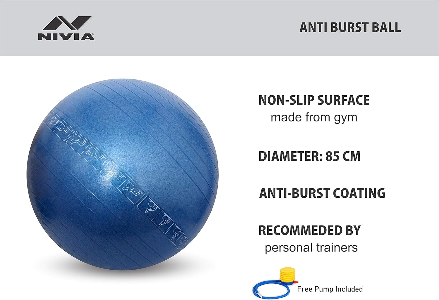 Unisex Adult Antiburst Ball (Blue) | with Footpump | 85 CM | Polyvinyl Chloride (PVC) | round Shape for Exercise, Workout, Home Gym Equipment