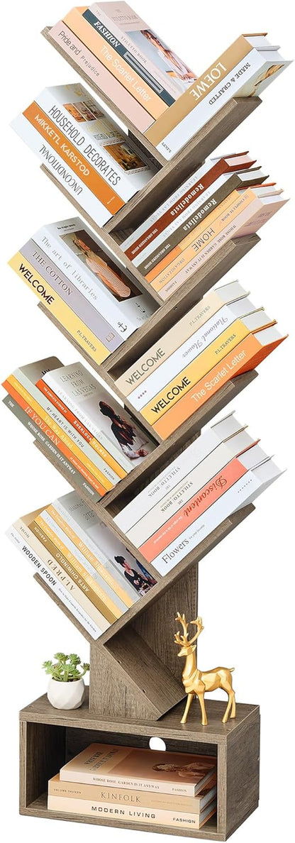 9 Tier Tree Bookshelf, Tall Bookcase with Drawer, Wood Book Shelf, Modern Floor Standing Bookshelves, Book Organizer Shelves for Bedroom, Living Room, Home Office, Greige