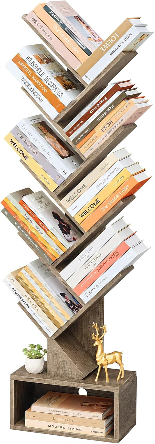 9 Tier Tree Bookshelf, Tall Bookcase with Drawer, Wood Book Shelf, Modern Floor Standing Bookshelves, Book Organizer Shelves for Bedroom, Living Room, Home Office, Greige