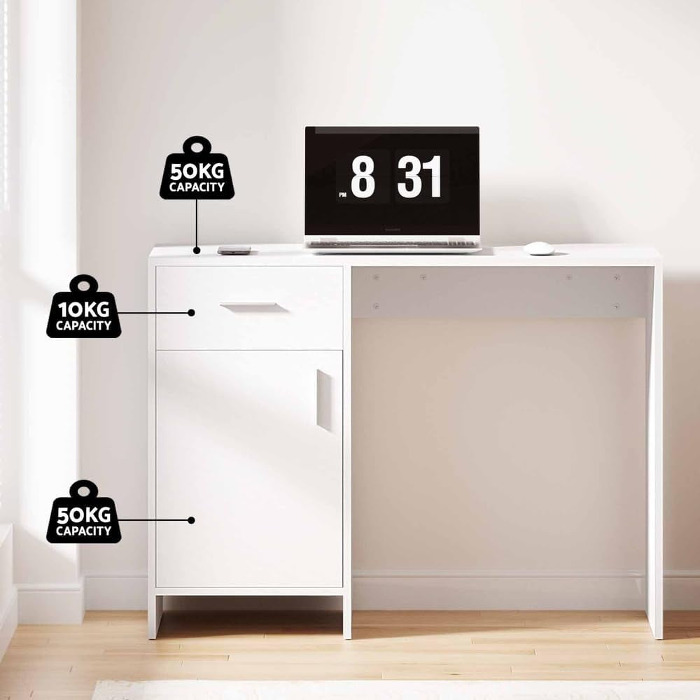 Computer Desk 100Cm White Desktop Office Laptop Desks Study Student Table, Home Furniture for Room Bedroom, with Drawer Cabinet Anti-Rust Metal Runners