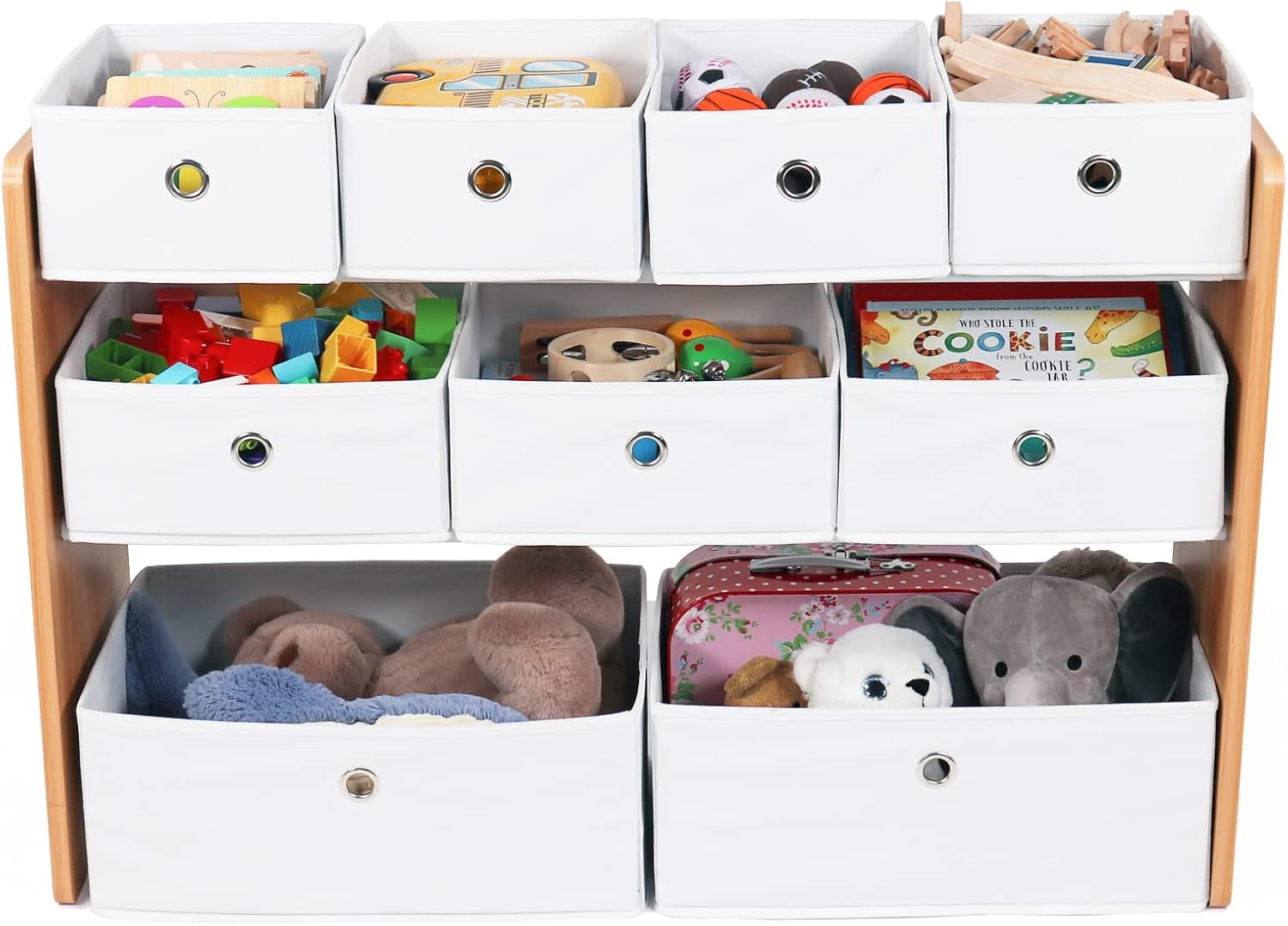 Toy Storage Shelf, Kids, Natural/White, 9 Storage Boxes Included