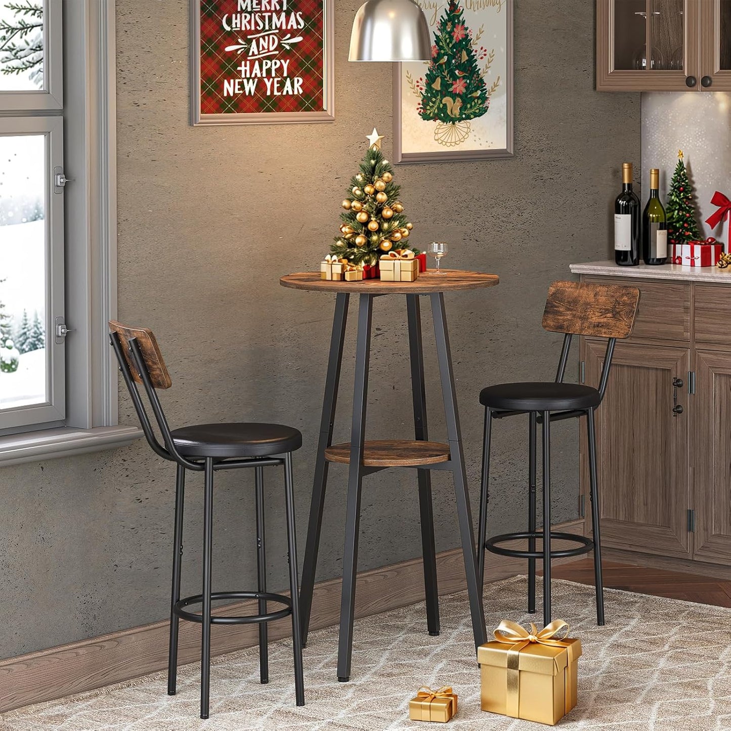 Bar Table, round 2-Tier Bistro Table with Storage, 95 Cm High Top for Small Spaces and Kitchen, Top Particleboard, Easy to Assemble, Rustic Brown BF55BT01